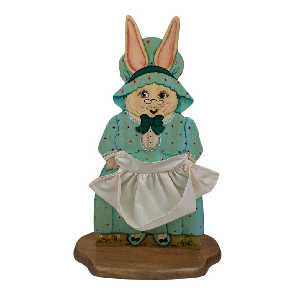 Hand Carved Wood Grandma Bunny Figurine w/ Cloth Apron Easter Decorโ Vintage